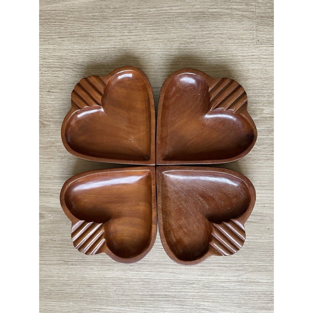Vtg Set of 4 Wooden Caribcraft HEART Trays Playing Cards Nut Candy Snack
